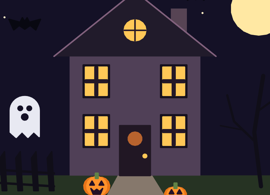 A Python Turtle drawing of a haunted house with glowing windows, a ghost, bats and pumpkins beneath a moon.