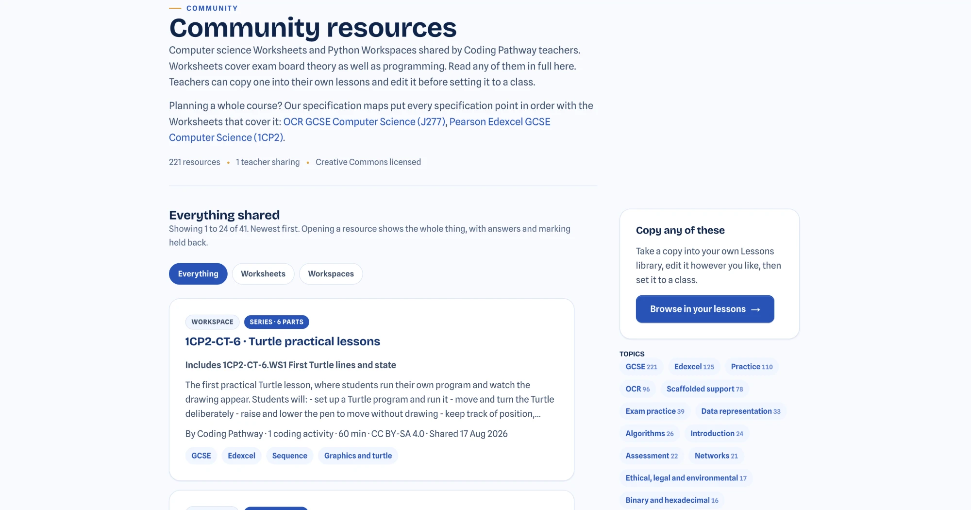 The community resource hub listing lessons and Worksheets shared by teachers