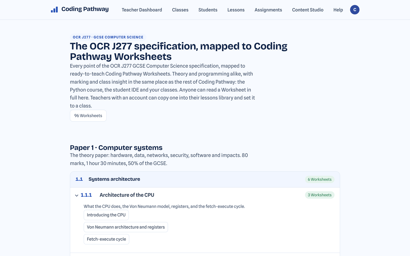The OCR J277 specification map with Worksheets listed under each specification point