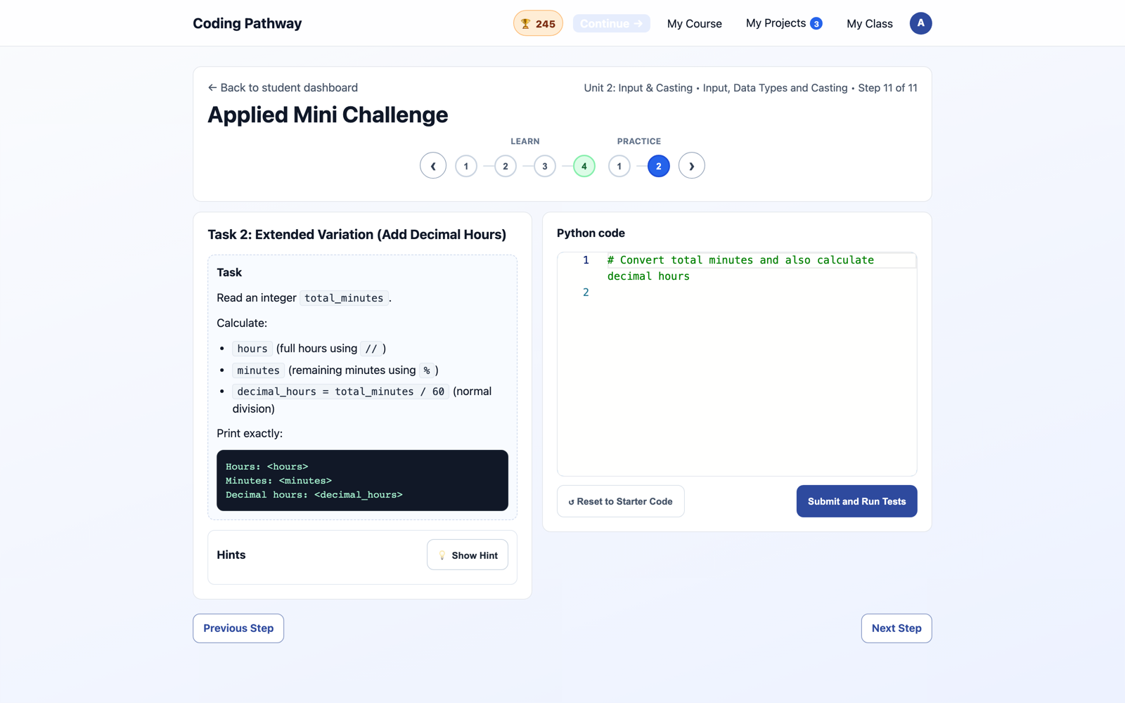 A student coding task with the task brief, expected output, Python editor, and Submit and Run Tests button