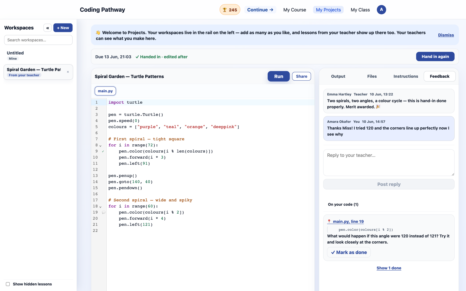 A student's Turtle project in the browser IDE, with teacher feedback pinned to line 19 and a merit awarded