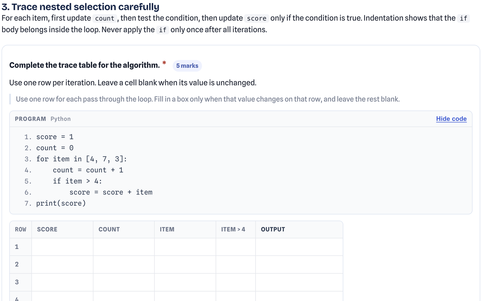 A Worksheet trace table task: a short Python program above an exam-style trace table grid, worth five marks