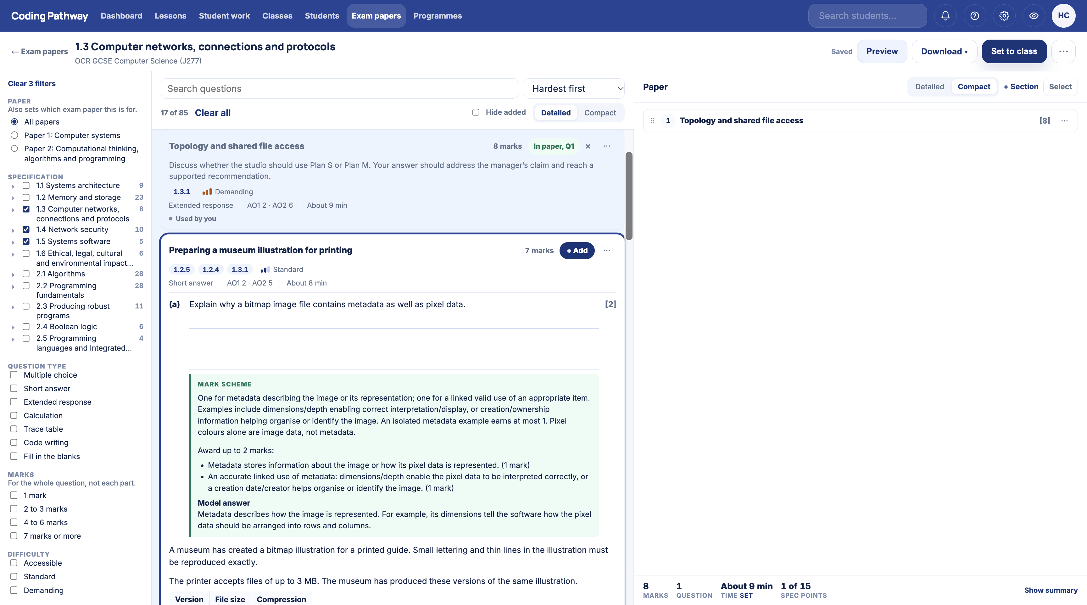 Bitmap metadata question with marking guidance, award criteria and a model answer
