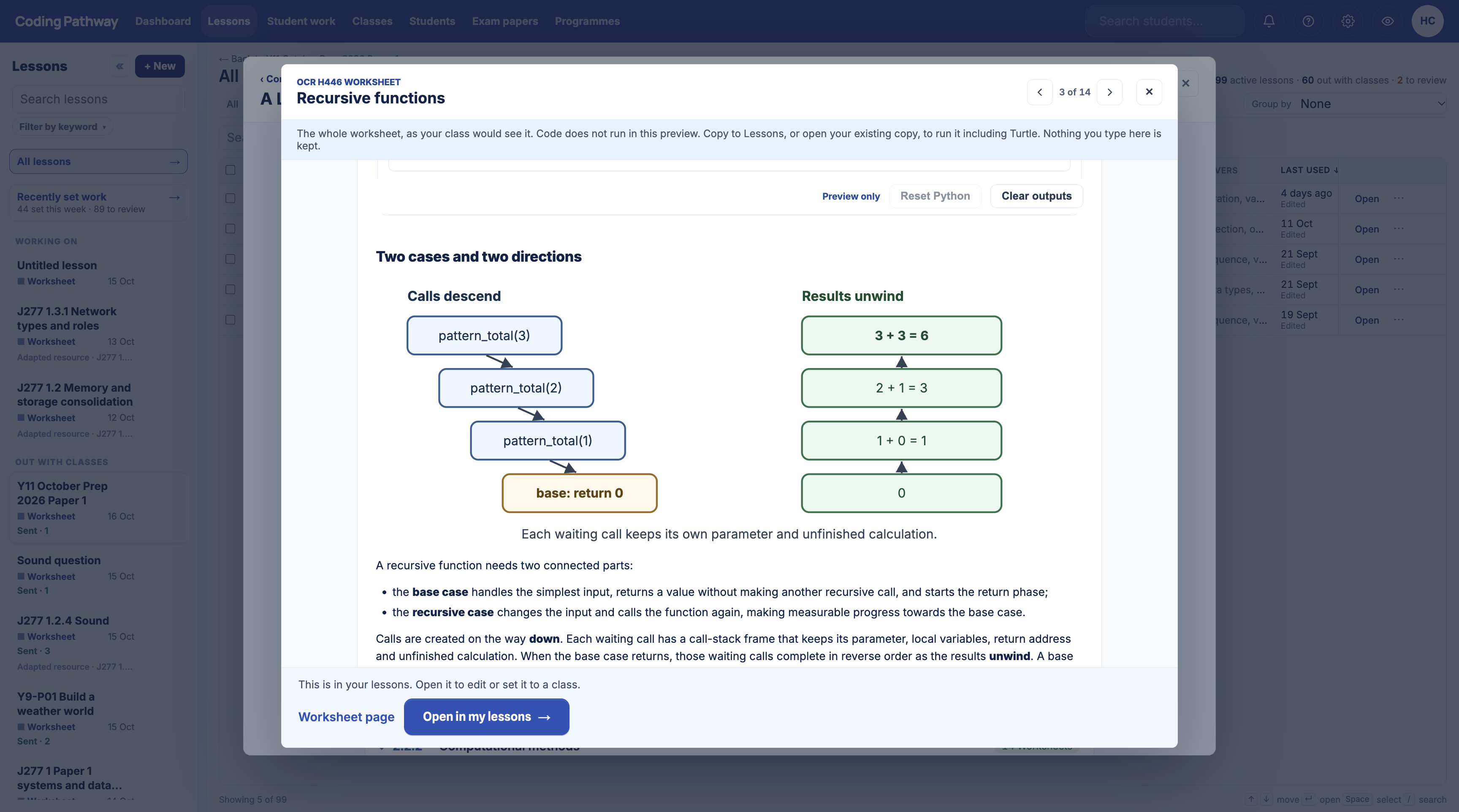 OCR H446 Recursive functions Worksheet preview with a worked diagram of calls and returning results