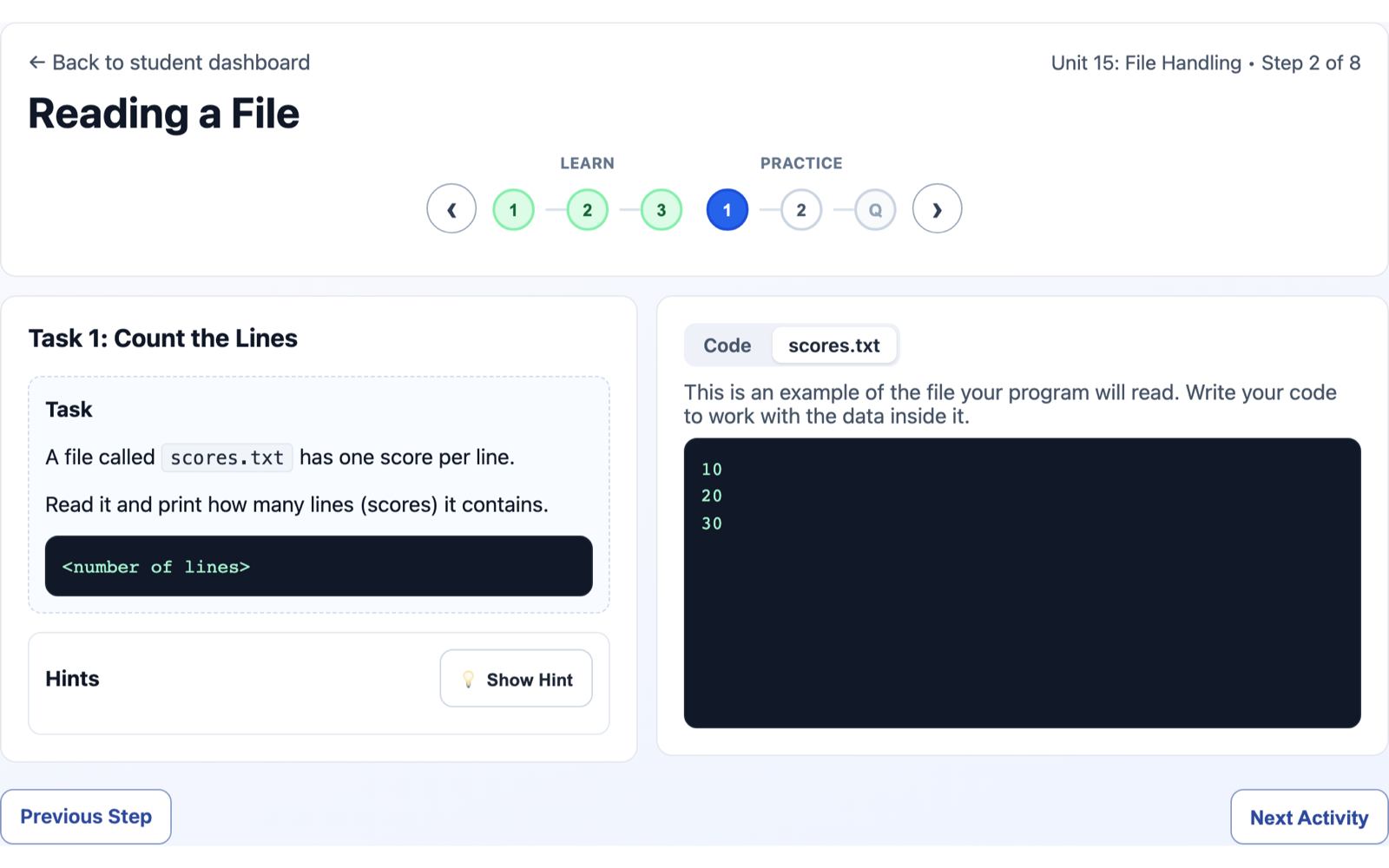 The Core Python course's Reading a File step, with lesson progression, a task to count lines and the sample scores.txt file.