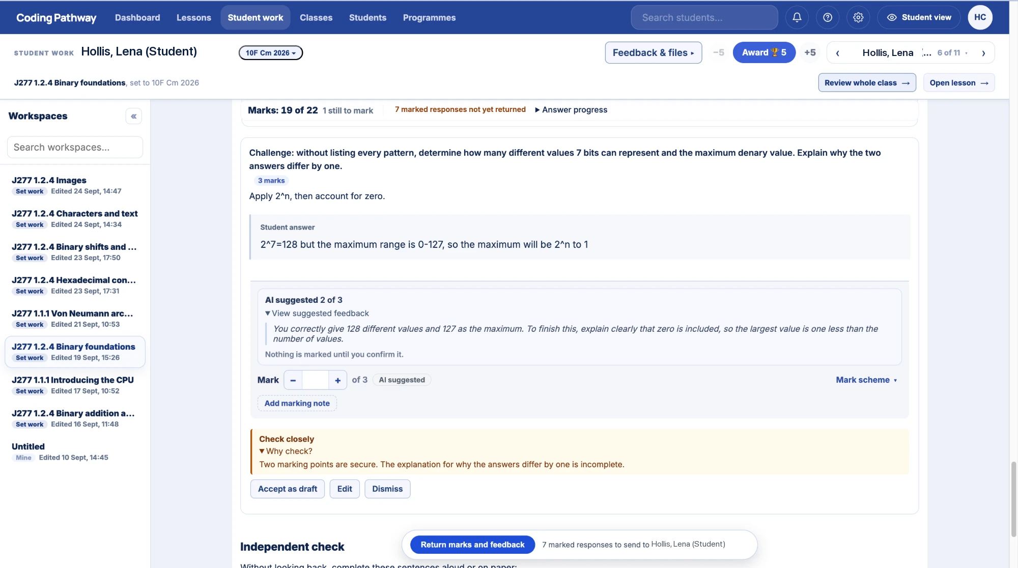 One answer on a student's work: the AI suggestion beside the marking guidance, with Accept as draft, Edit and Dismiss, and nothing sent to the student.