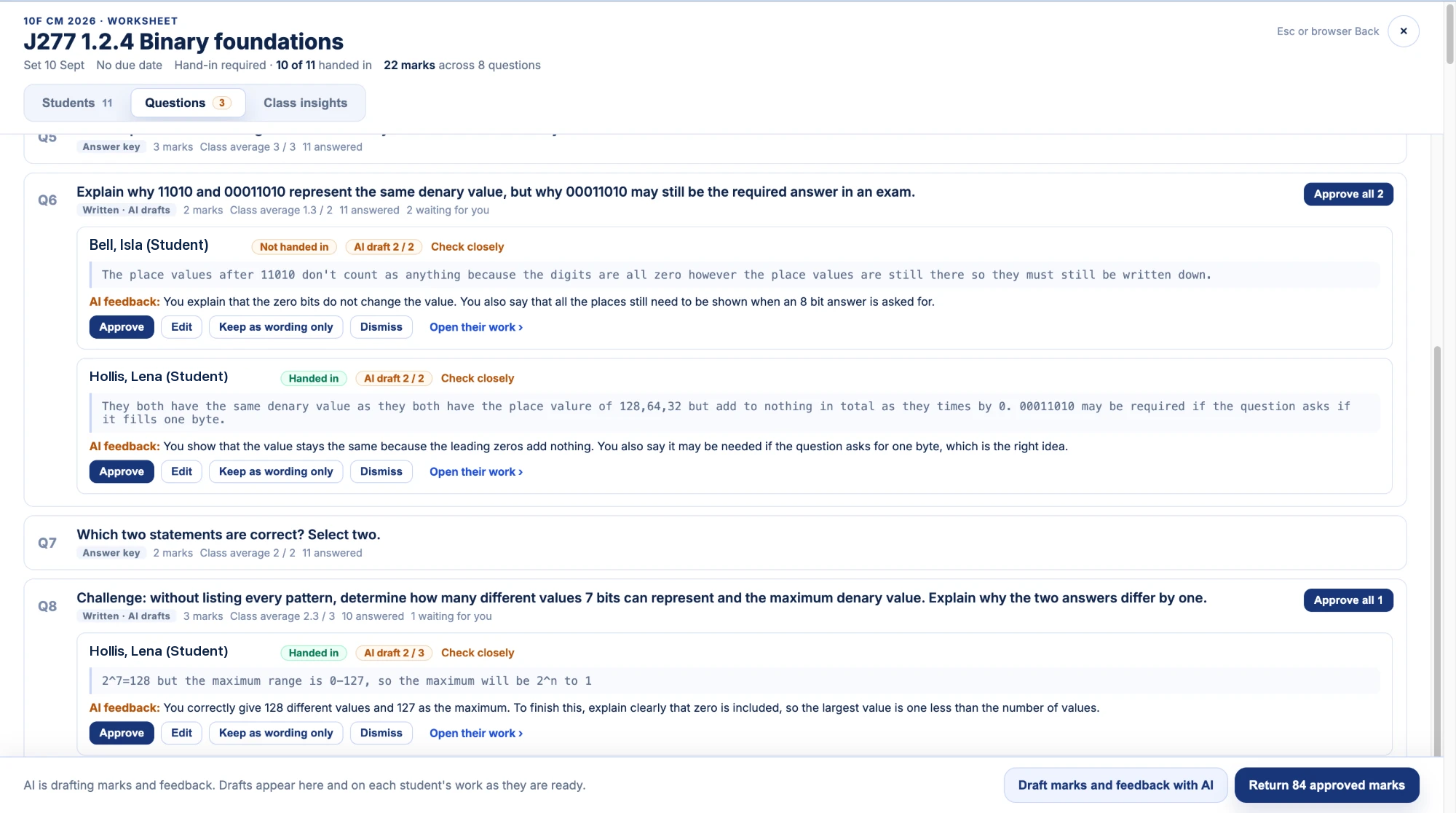 The Questions tab: each question with its class average, and the AI drafts for it waiting to be approved, edited or dismissed.