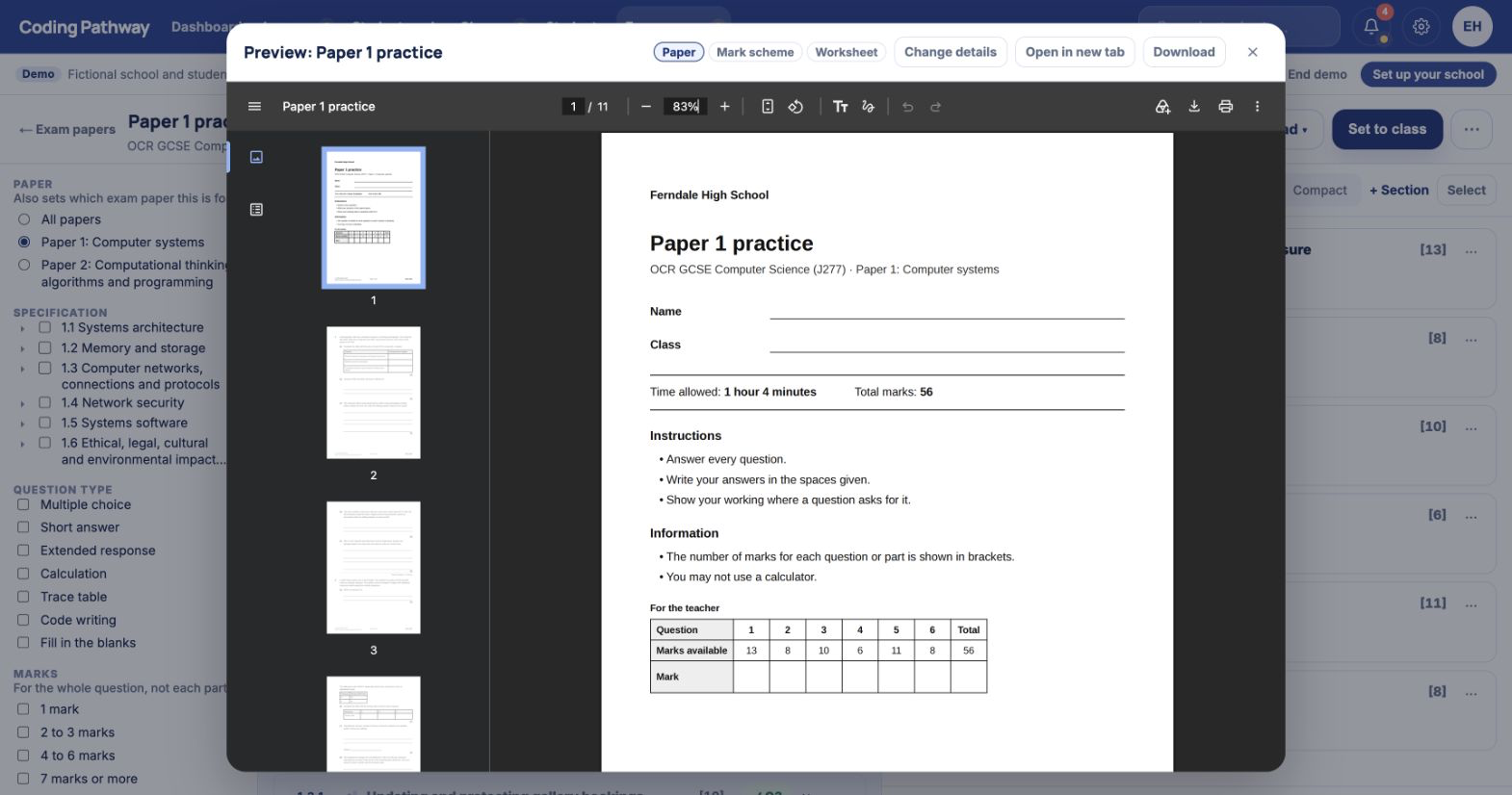 The exam paper export preview, with a formatted cover sheet for fictional Ferndale High School, a marks table and separate paper and mark scheme tabs.