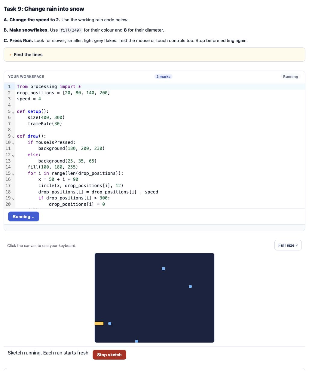 A weather Worksheet with task instructions, editable Python and the starter rain animation running.
