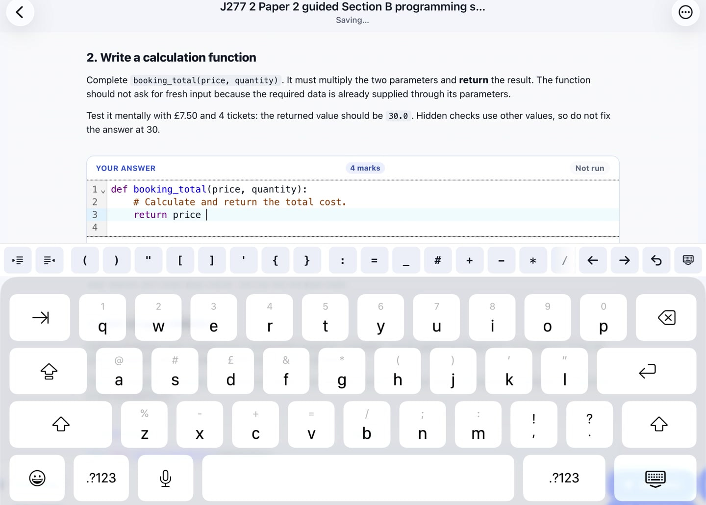 A Worksheet code task in the native iPad app with the touchscreen coding keyboard open.