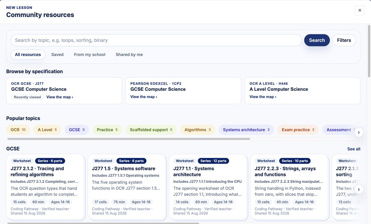 The community resources picker, with the Coding Pathway sets and search across everything shared.