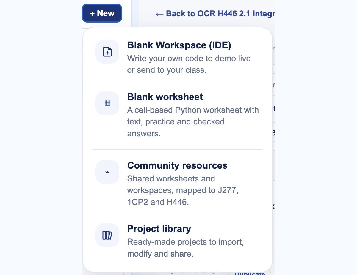 The New lesson chooser, with Community resources alongside a blank lesson and a blank worksheet.