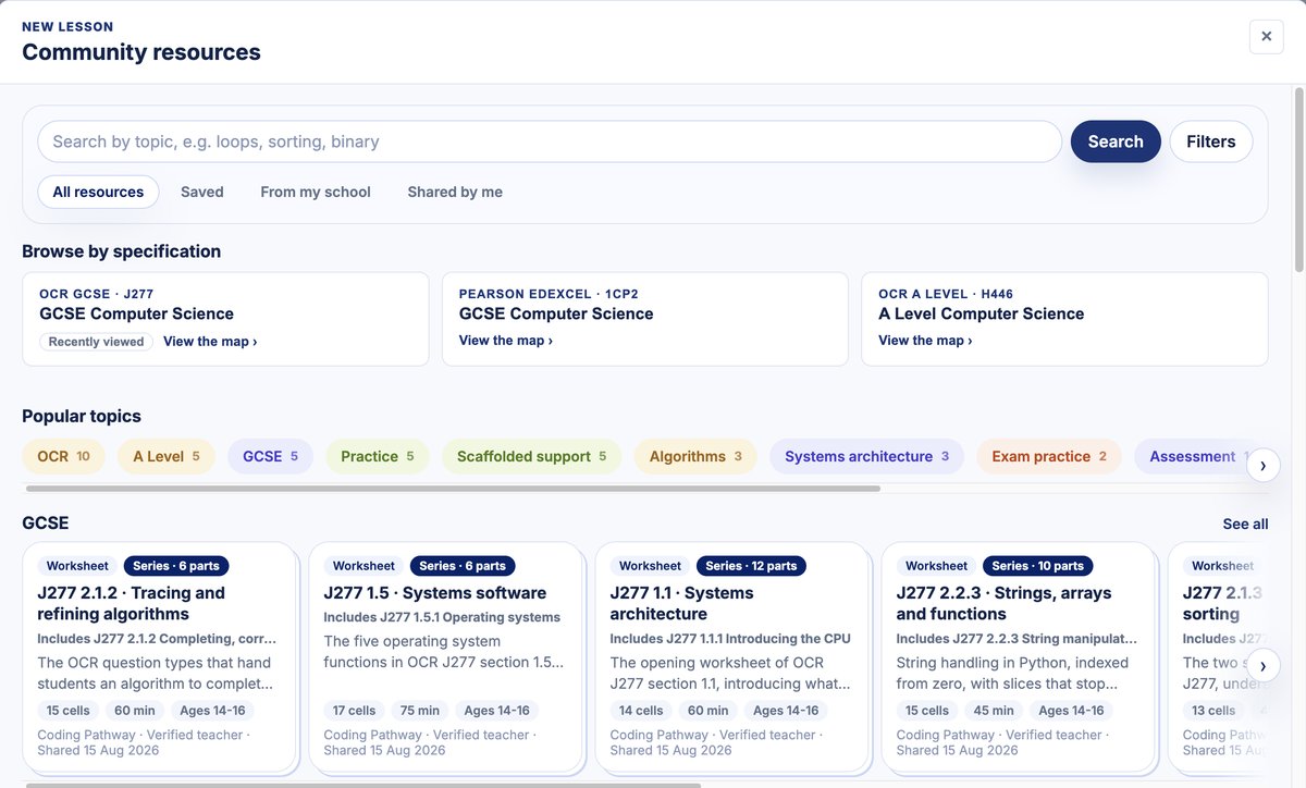 The community resources picker, with the Coding Pathway sets and search across everything shared.