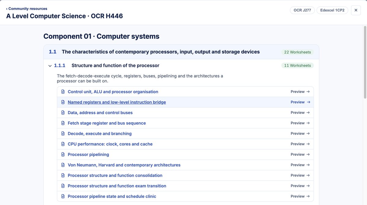 The OCR H446 specification map, with worksheets listed under each specification point.