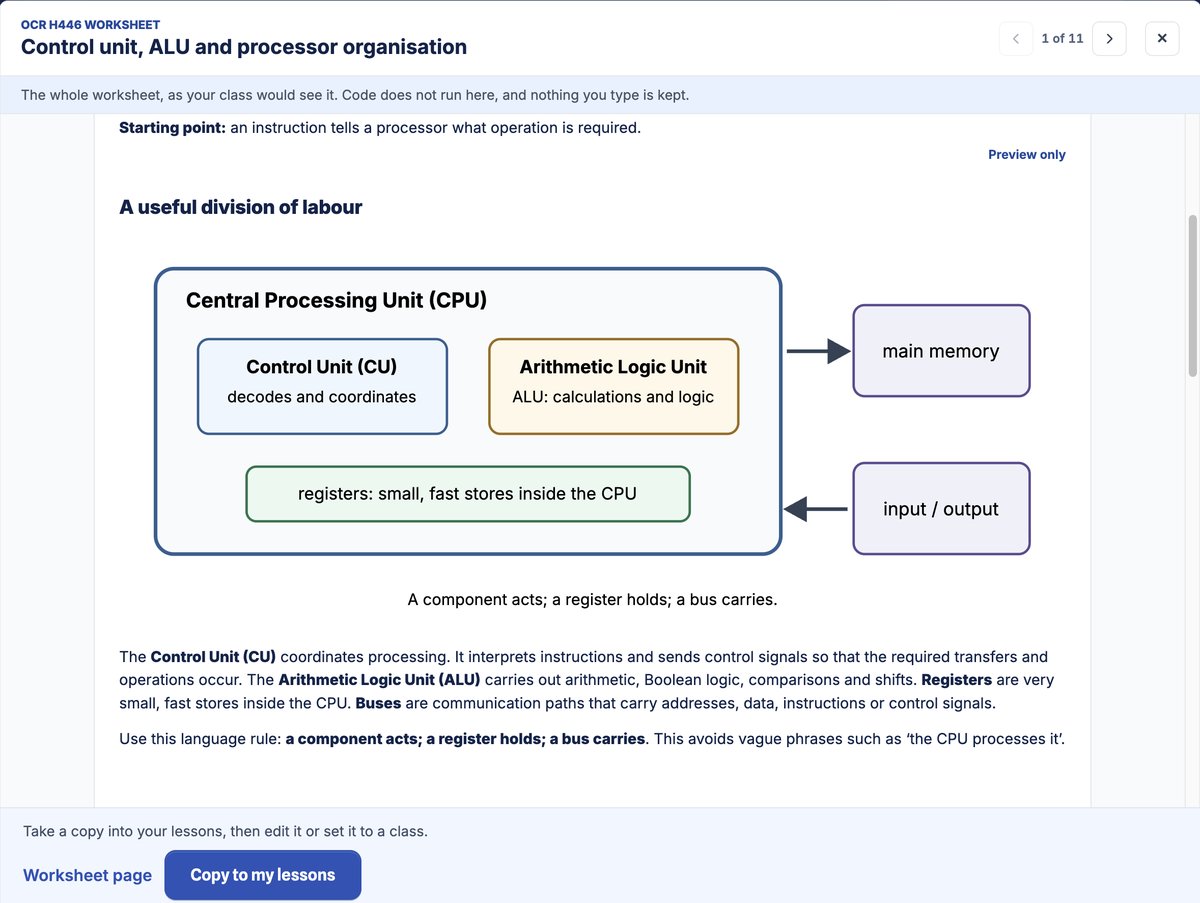 Previewing a complete worksheet, with Previous and Next controls and a Copy to my lessons button.