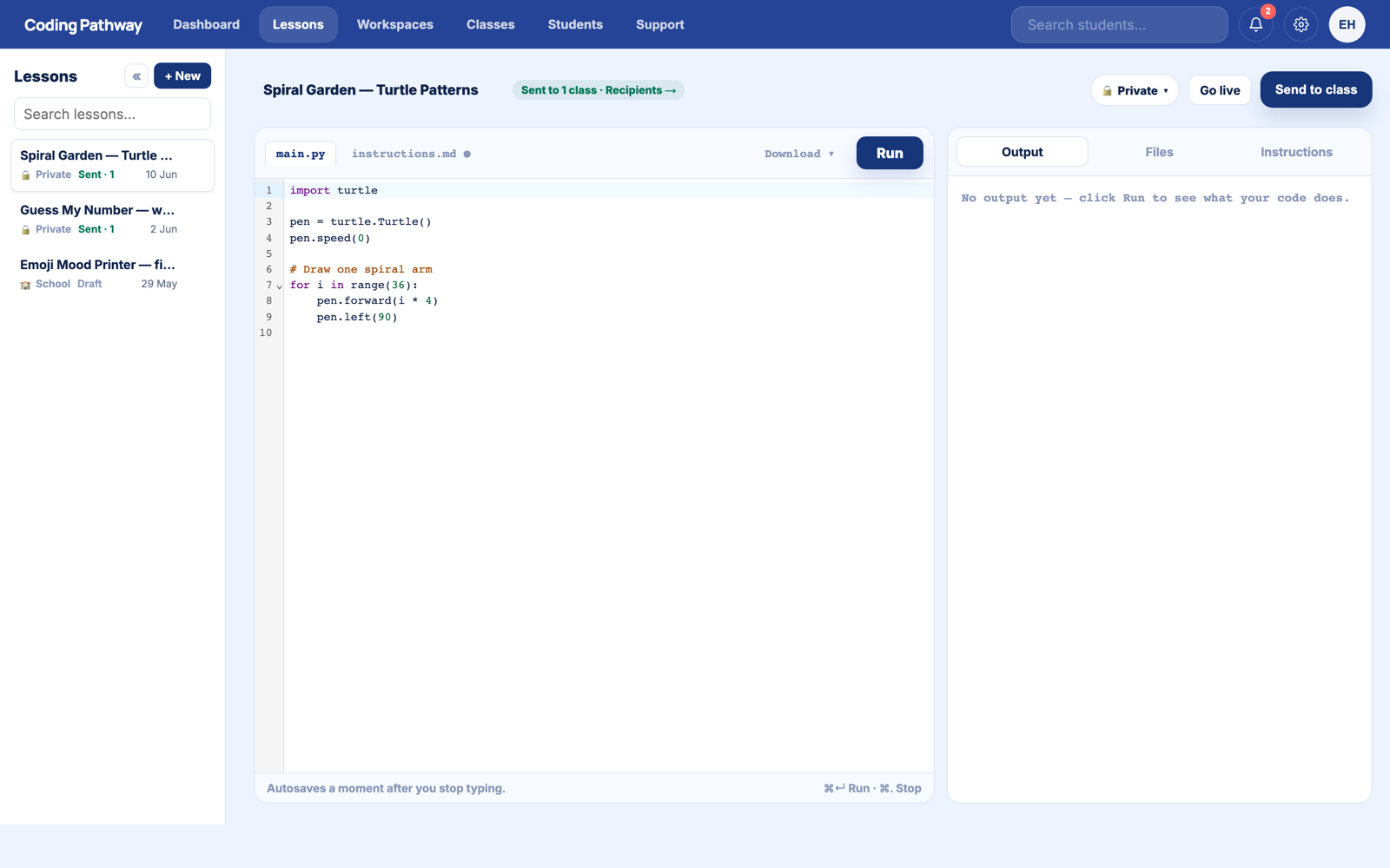 The lesson editor: starter code on the left, instructions and output tabs on the right.