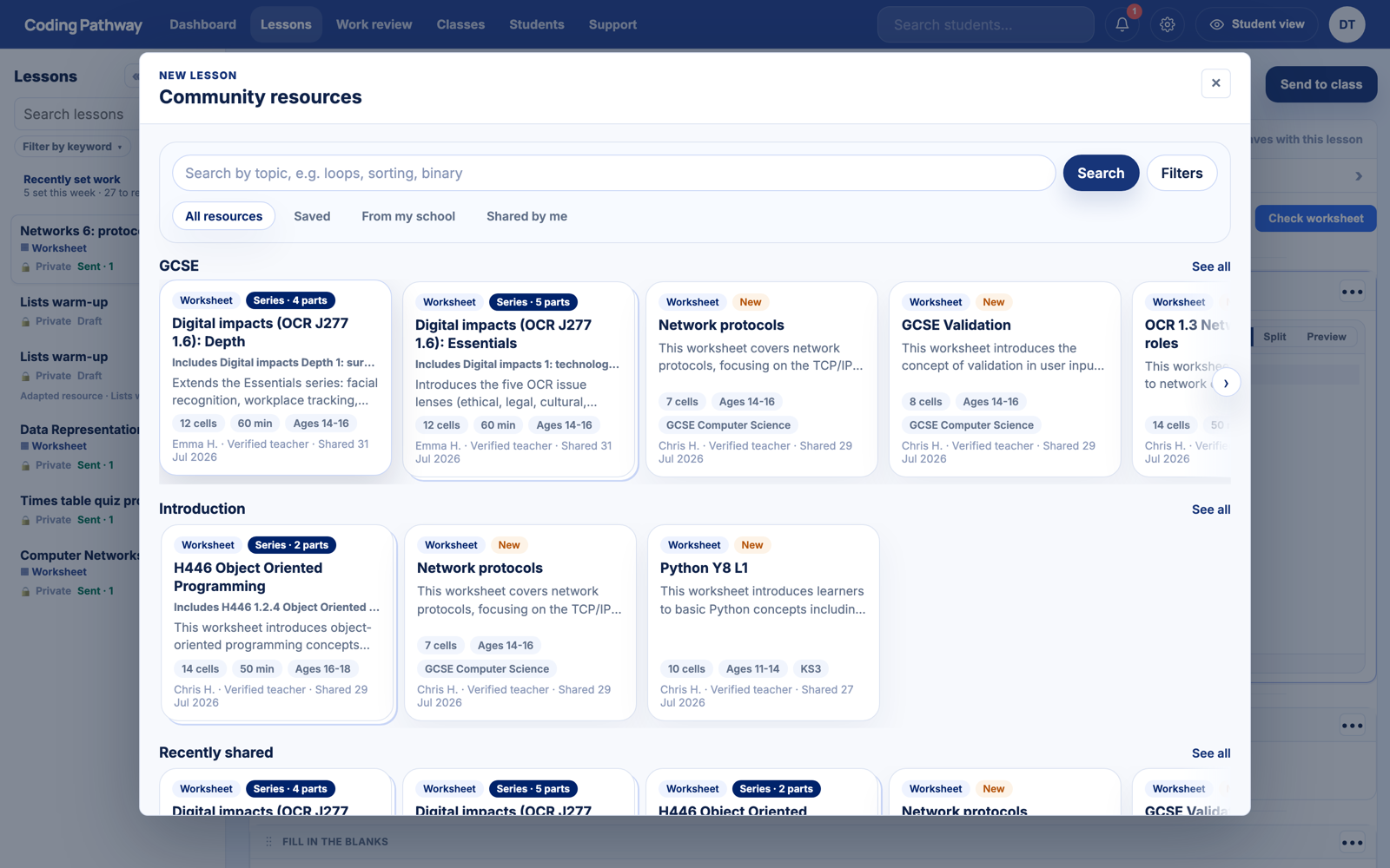 Community resources, browsed from the Lessons screen: series, topics and verified authors.
