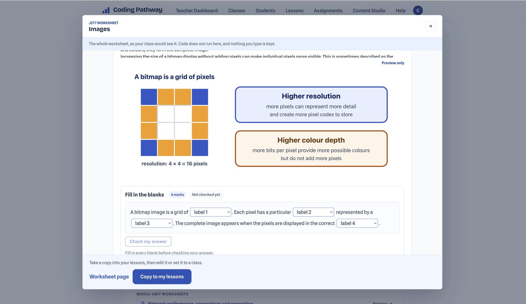 Previewing a J277 Images Worksheet, with a bitmap explanation, fill-in-the-blanks activity and the option to copy it into Lessons.