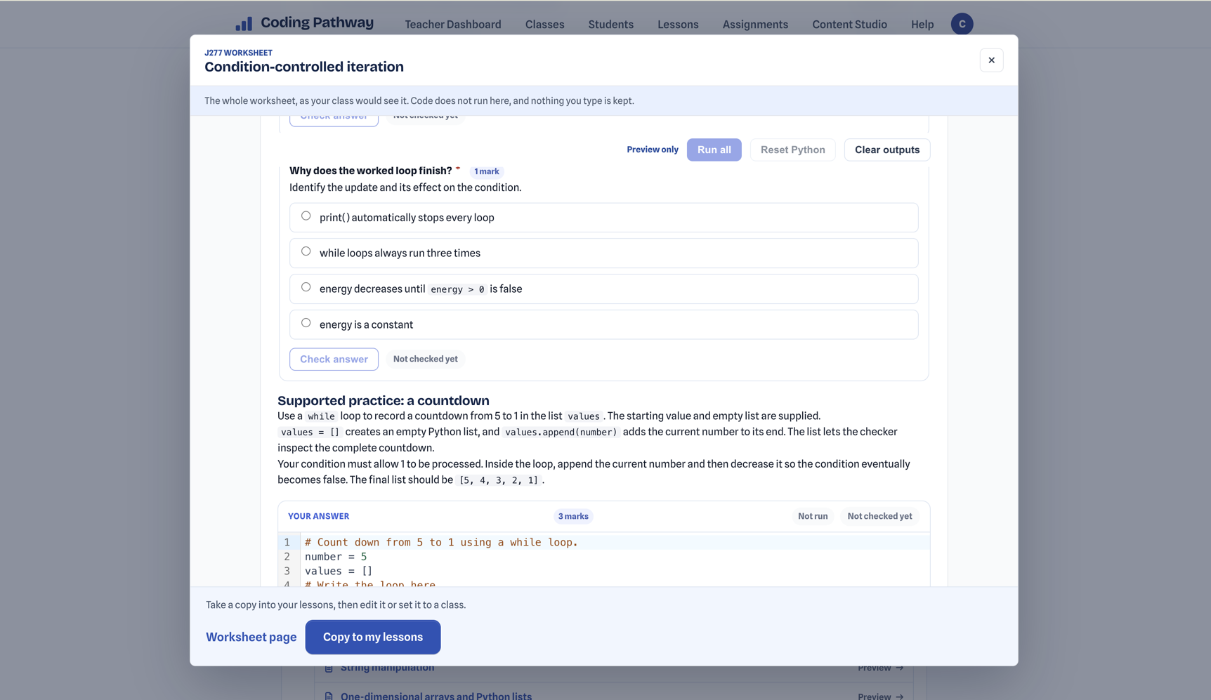 Previewing a J277 condition-controlled iteration Worksheet, moving from multiple choice into supported Python practice.