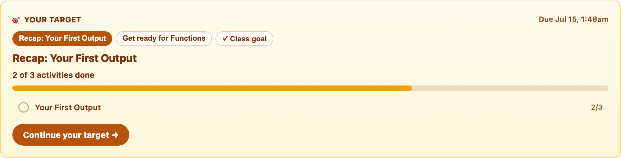 The pupil dashboard shows the target as a checklist with one clear next action.