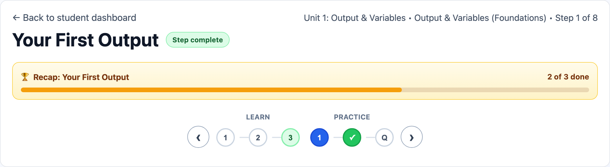 Working through a target step, with progress along the top.