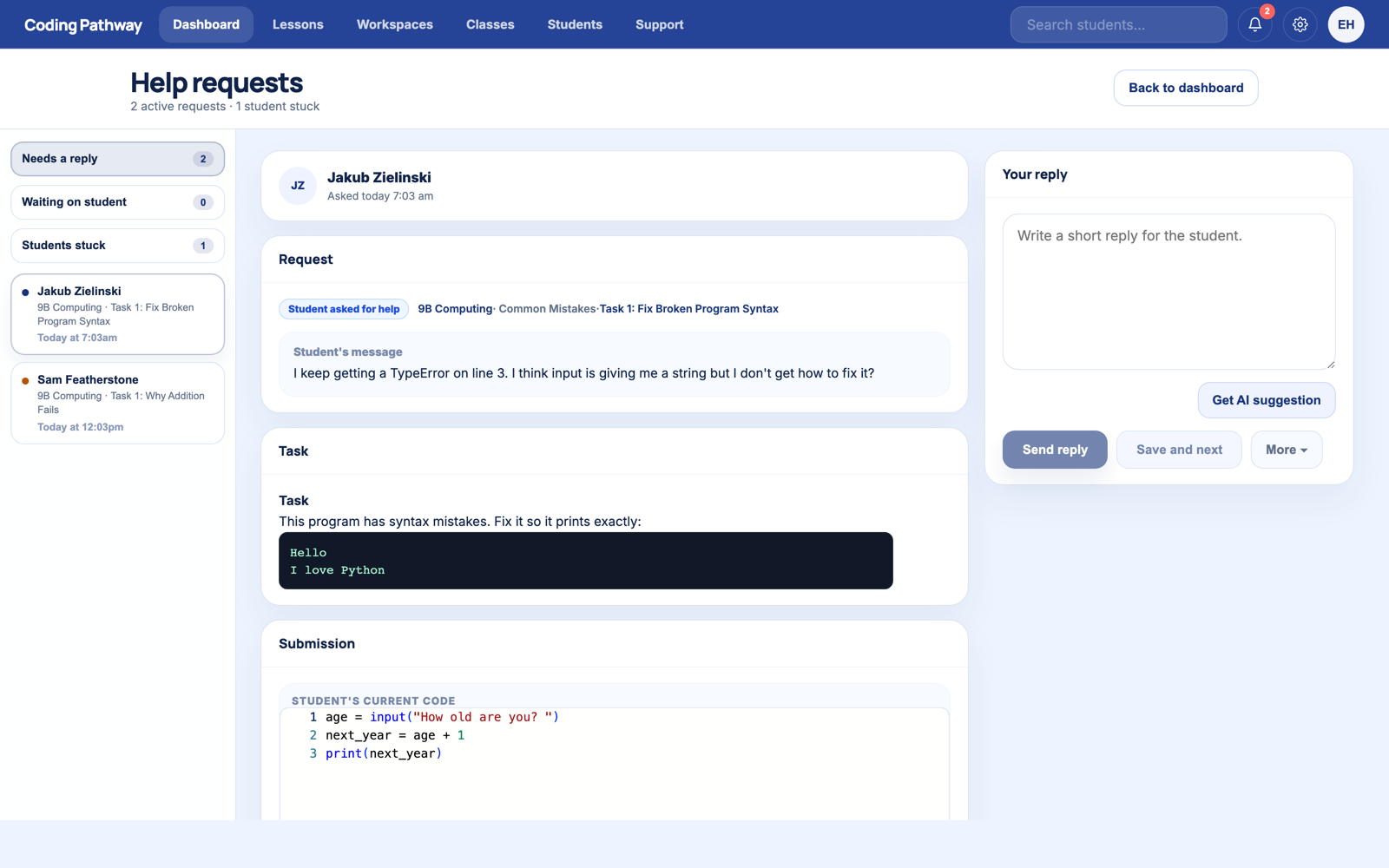 The help queue: the student's message, the task, and their current code in one view.