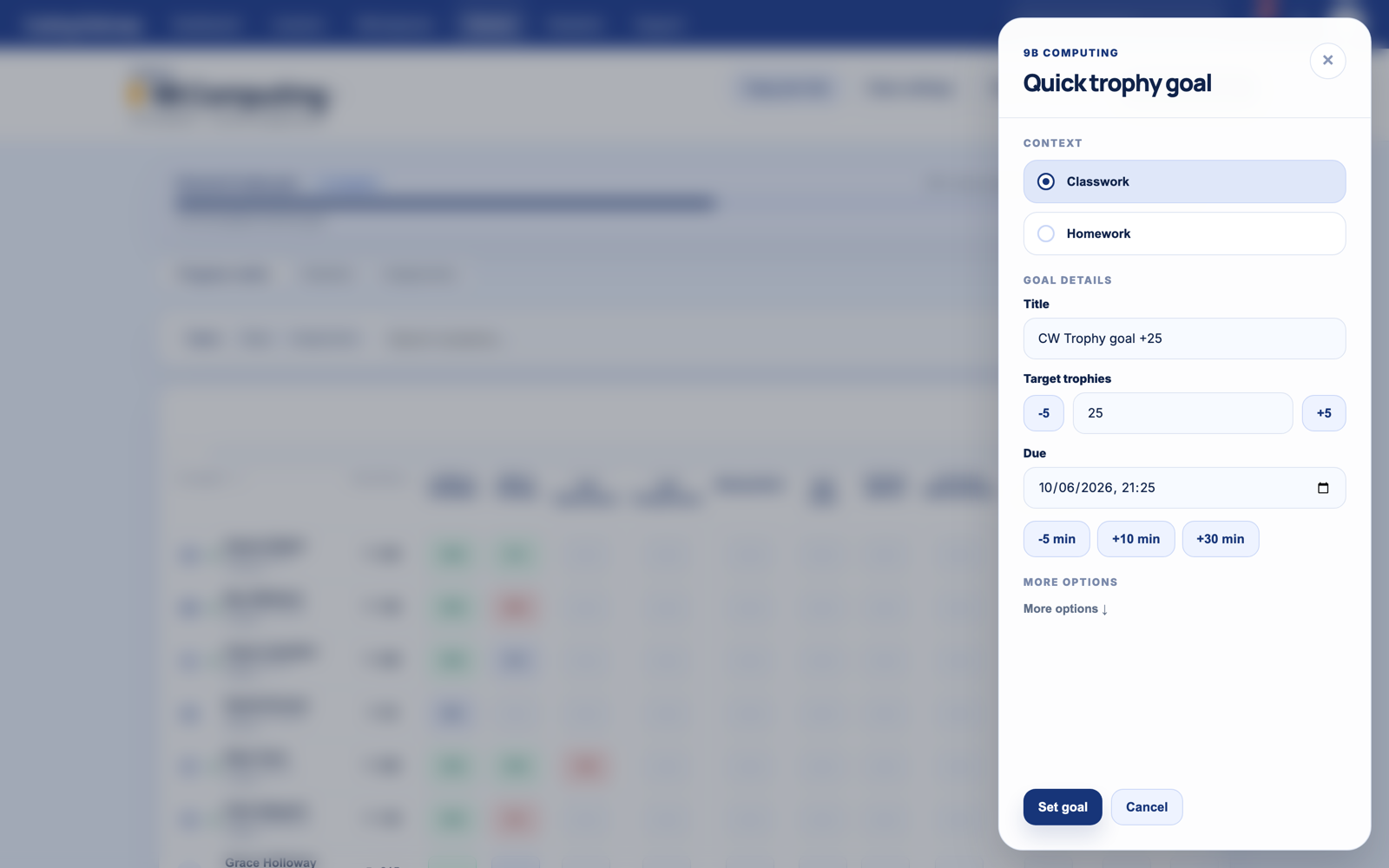 The quick trophy goal drawer: context, target, and deadline in a few clicks.