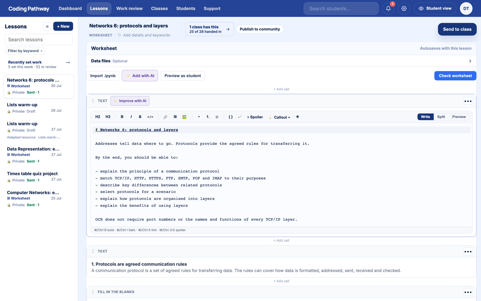 The worksheet editor: text, questions and runnable code as one stack of cells.