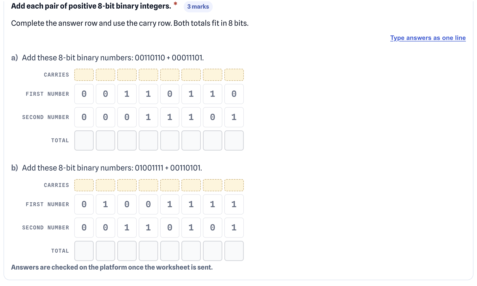 A binary addition question: the numbers are given, and the total row and the carry row are both part of the answer, both checked.